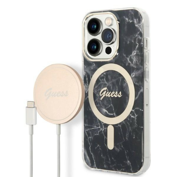 Zestaw Etui Guess Case+ Charger iPhone 14 Pro Max 6,7" czarny/black hard case Marble MagSafe