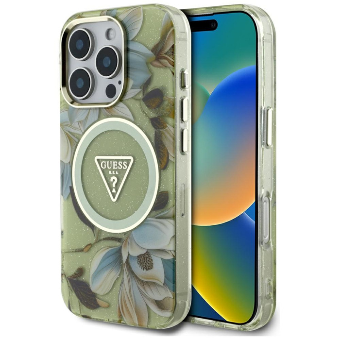 Etui Guess Glitter Flowers Triangle       Buttons MagSafe do iPhone 16 Pro zielony