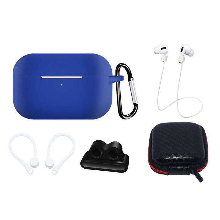 Zestaw silikonowe etui AirPods Pro 2 / AirPods Pro 1 + futerał / zaczep na ucho / pasek na szyję / uchwyt na pasek zegarka / karabińczyk | niebieskie