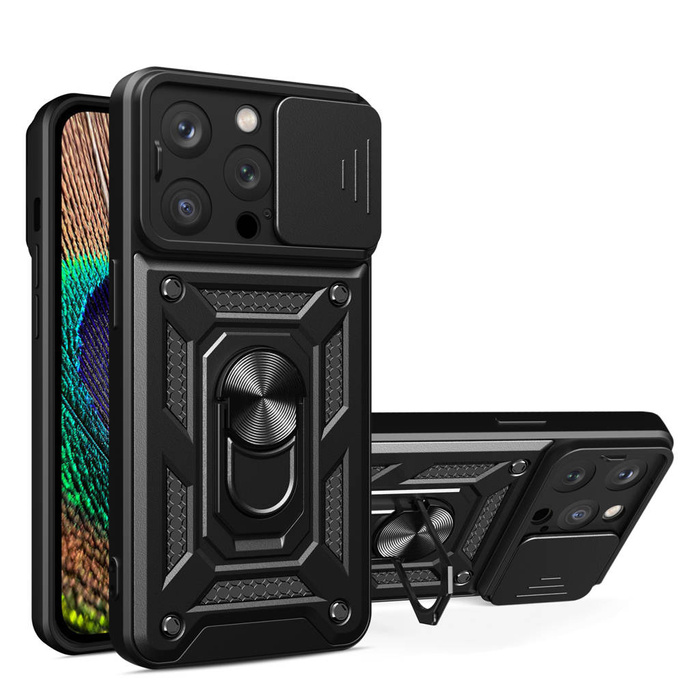 Etui Pancerne etui z podstawką i osłoną aparatu do iPhone 15 Pro Hybrid Armor Camshield - czarny Case