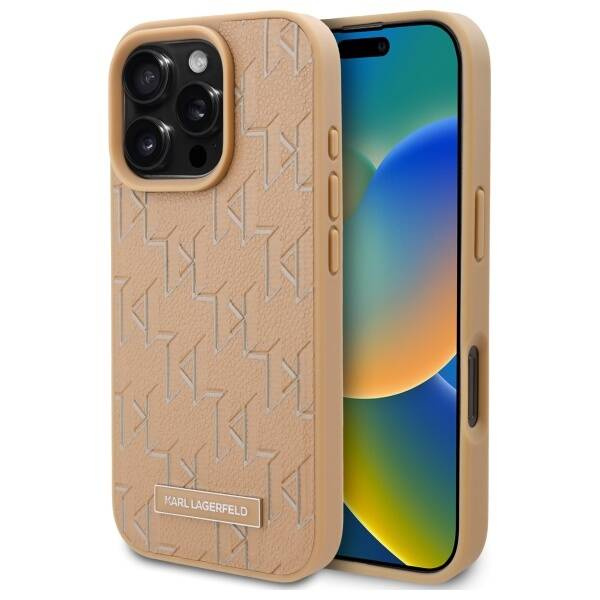 Etui Karl Lagerfeld iPhone 16 Pro 6.3" hardcase beżowy/beige Leather Monogram Metal Logo MagSafe