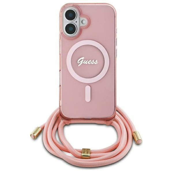 Etui Guess iPhone 16 różowy/pink hardcase Crossbody Cord Script MagSafe