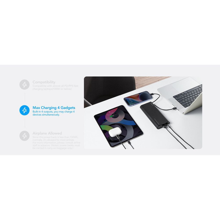 VEGER powerbank 25000 mAh z wbudowanymi kablami Typ C / Lightning PD 130W TCE130 (W2503) czarny